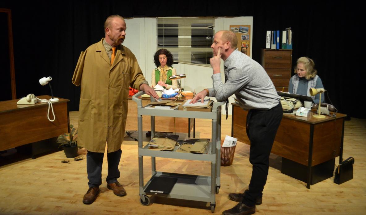 OFFICE AFFAIRS: The cast of Green Forms, front, Ben Pearson as Frank Lomax and Scott Edwards as Mr Boswell. Rear, Janie Caldbeck as Doreen Bidmead and Sara Fells as Doris Rutter