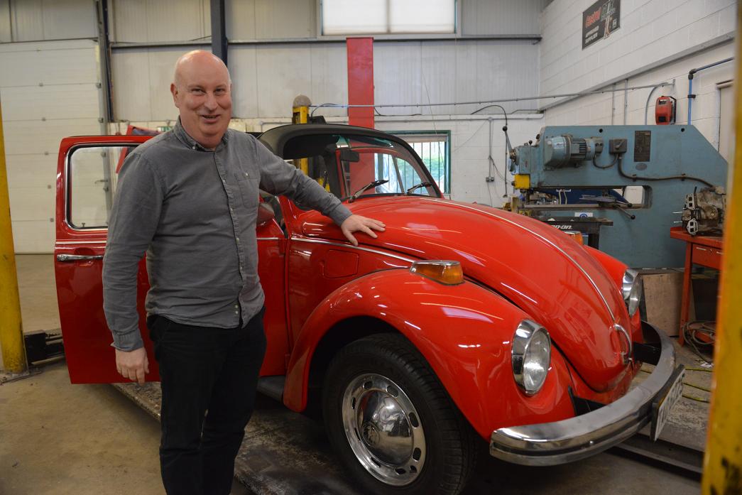 MOVIE ROLE: Neil Atkinson, of Carrosserie, with the 1978 VW Beetle that features in the movie Sulphur and White about NSPCC ambassador and mountaineer David Tait’s life