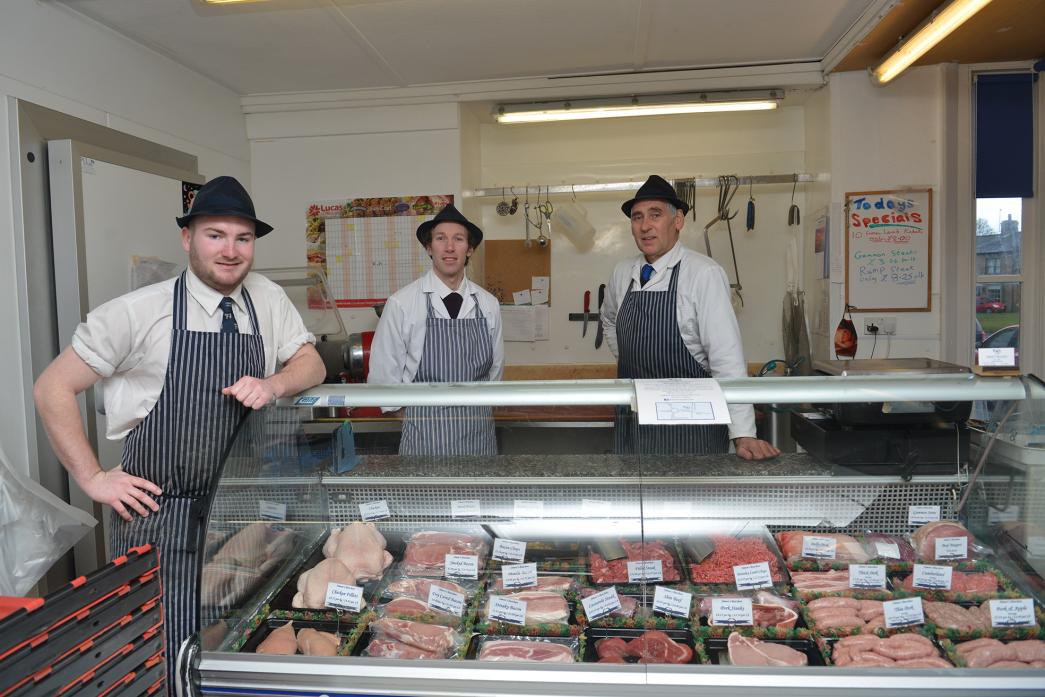 ON THEIR WAY: Trainee Rob Bell and butchers Simon Hill and Sandy Dempster are moving to Bishop Auckland after the business outgrew its shop in Staindrop