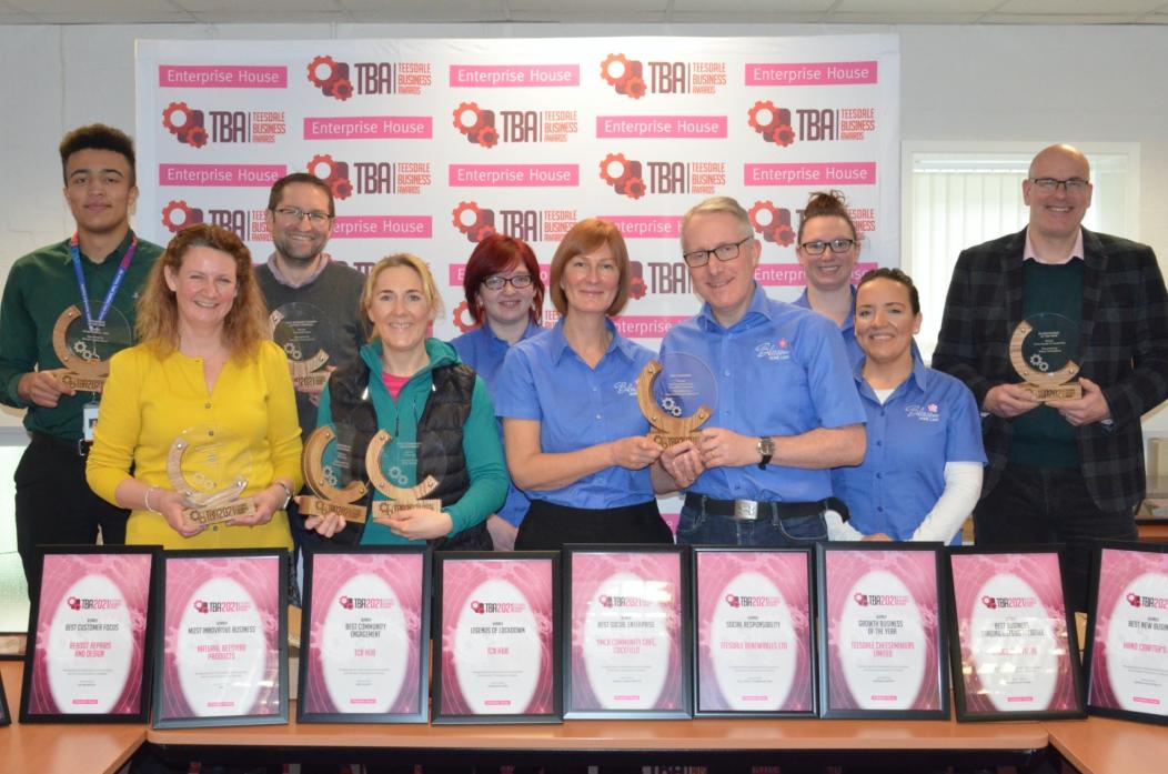 BEST IN BUSINESS: Some of the winners of the 2021 Teesdale Business Awards, who picked up their accolades from Enterprise House after learning of their success via the online stream of this year’s awards