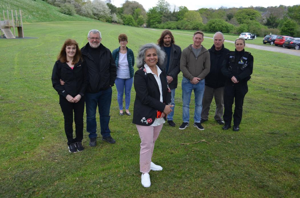 HAVE YOUR SAY: Barnard Castle mayor Cllr Rima Chatterjee with residents and Sgt Angela Drasdo, of Barnard Castle police, ahead of Thursday’s public meeting into how best to protect the lower Demesnes  							              TM pic