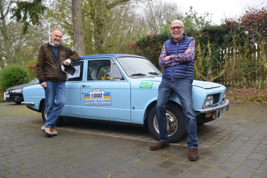 NEW VENTURE:  Gordon Thomson and co-pilot Peter McTague before setting off for their 1,000-mile journey in the 50-year-old Triumph Toledo TM pic