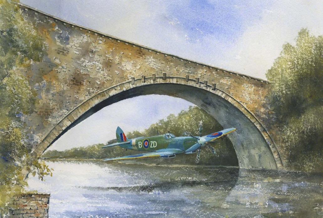 CHOCKS AWAY: A painting that immortalises the 1988 flight of Ray Hanna and his Spitfire under Winston Bridge.