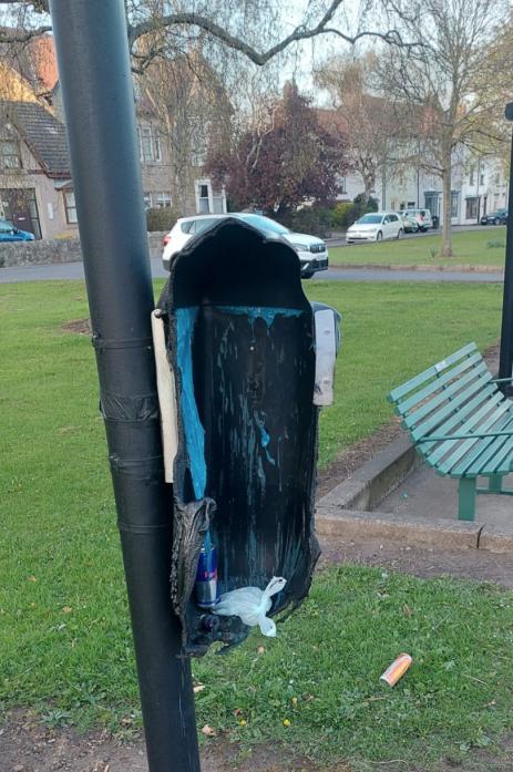 DESTROYED: The litter bin which was targeted by arsonists