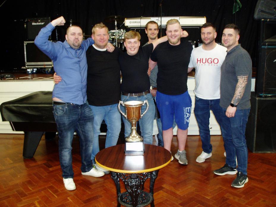 CHAMPIONS: Left, Division 1 champions Diamond Inn, from left, James Teasdale, Scott Parkin, Ben Stobart, Rob Watson, sponsor’s representative, George McClure, Anthony Wood, and Dale Brydon