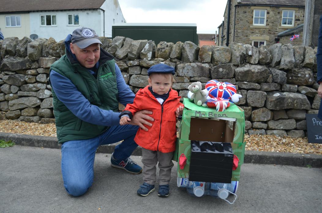COLOURFUL CHARACTER: Adam Zac, 3, as Mr Bean, with his dad Martin, won the prize for most creative fancy dress							             TM pic