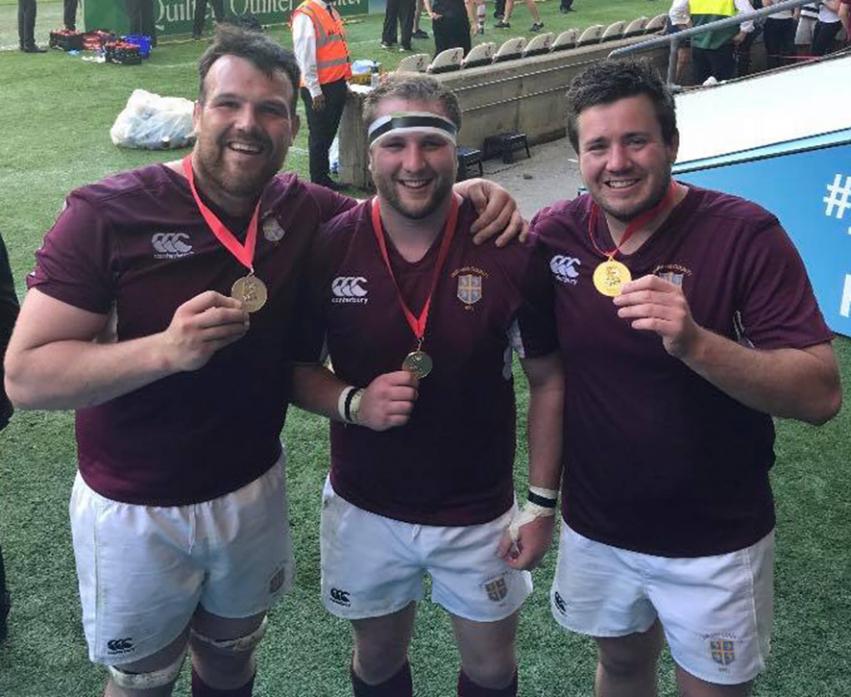 CHAMPIONS: Barnard Castle RUFC’s Chris Wearmouth, Rob Stanwix and Michael Hughes with their winners’ medals after Durham defeated Warwickshire 46-12