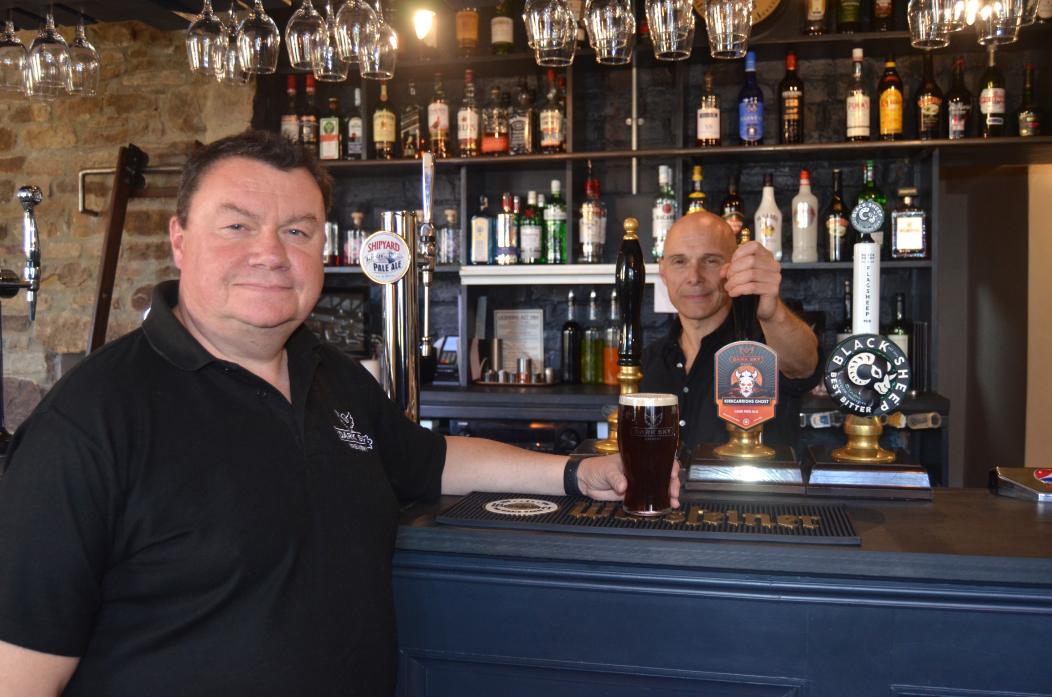 MICRO-BREWERY: Steve White, left, with Dave Falconer and a pint of Kirkcarrion’s Ghost