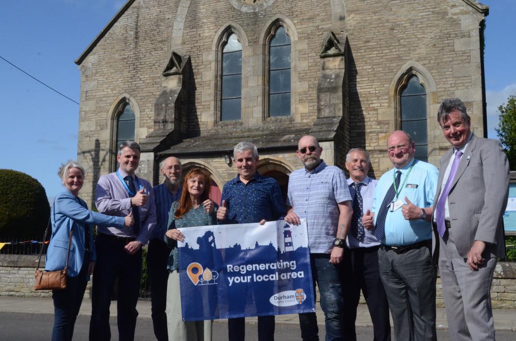 FORGING AHEAD: Cotherstone Old Chapel Project volunteers, Peter and Joy Collyer, Chris Tarpey and Rob Wells, with Julie Anson, community economic development manager at Durham County Council, Adam White from TAP and county councillors James Rowlandson, Te