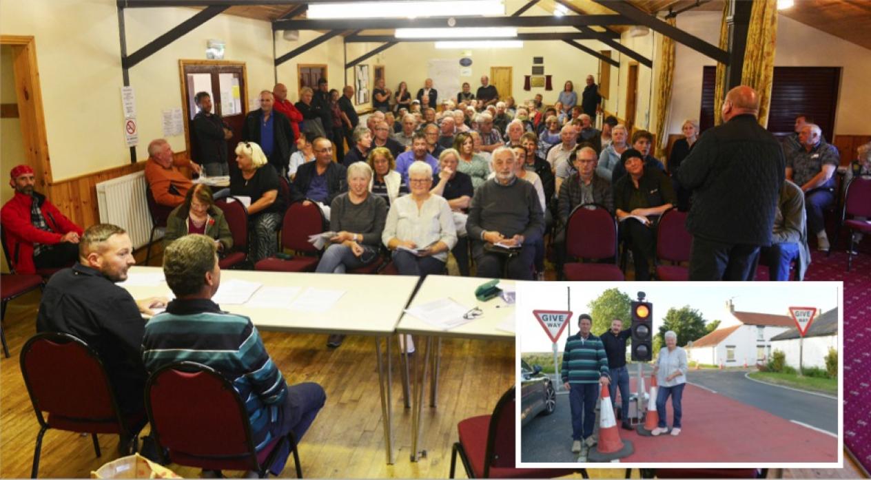 Marwood Community Centre was packed with angry residents on Monday night. Inset, Marwood Parish Council vice chairman Cllr Geoff Wilson, chairman Cllr Adrian Mairs and Cllr Pauline Glasper have vowed to oppose the closure of the Kinninvie road to northbou