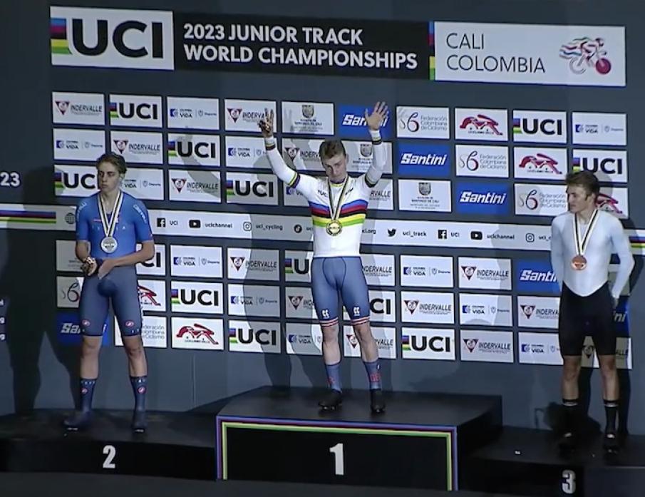 DOUBLE SUCCESS: Matthew Brennan on the podium in Cali, Colombia, after winning the individual pursuit junior title and smashing the world record