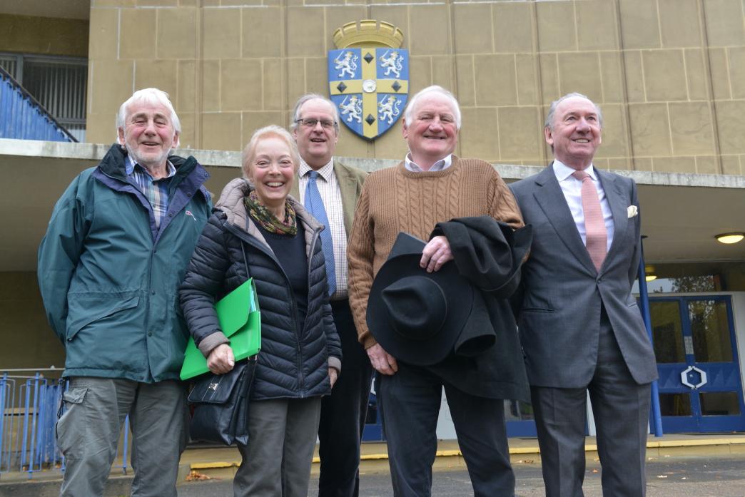 SUCCESS: Residents Brenda and Eric Bayles, land agent William Salvin, Cllr George Richardson and Paul Townley of Thorpe Hall on the steps of County Hall after plans for a slurry lagoon near Wycliffe and Thorpe were rejected   TM pic