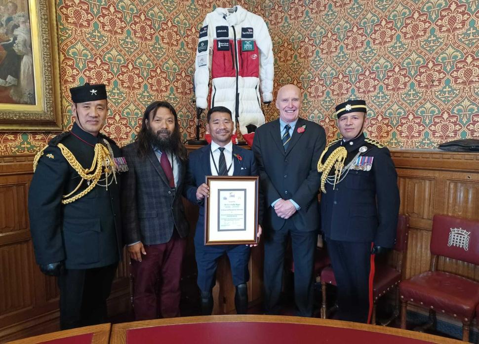 MOUNTAIN CHALLENGE: Double amputee Hari Budha Maga and dale mountaineer Alan Hinkes at the House of Lords flanked by Gurkha Capt Vivek Shah, Everest expedition leader Krishna Thapa and Gurkha Capt Lakh Gurung