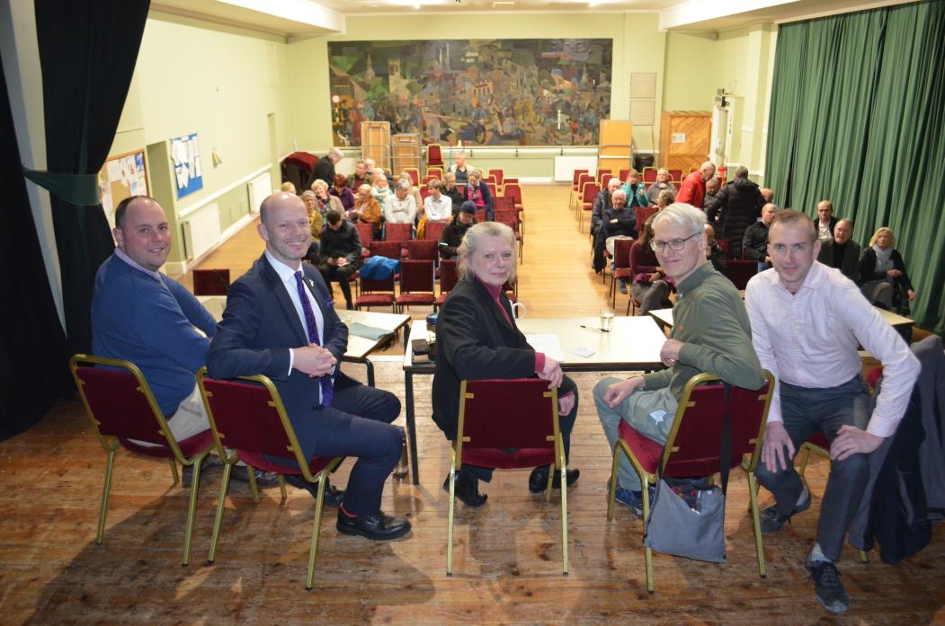 MAKING THEIR PITCH: At the Barnard Castle hustings for North East Mayor, held at the Parish Hall, candidates were, from left, Guy Renner-Thompson (Conservative), Jamie Driscoll (Independent), chairwoman Rhonda Hart-Davis, Andrew Gray (Green) and Aidan Kin