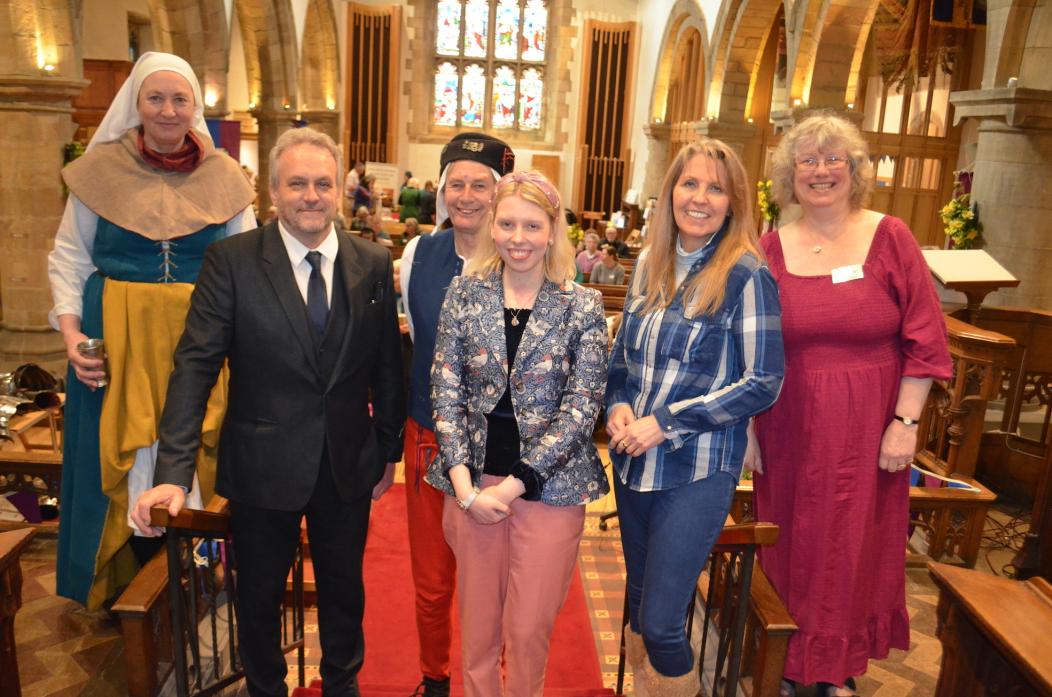 SPECIAL GUESTS: Pictured at the study day are, from left Carol Schubert, of the re-enactment group Rosa Mundi, Dr Tim Sutherland, re-enactor Ian Schubert, Danielle Burton, Philippa Langley and organiser Kim Harding, from the Northern Dales Richard III Gro