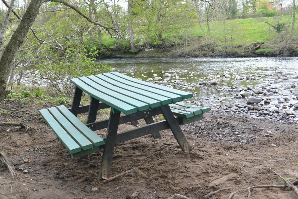 VANDALISED: A picnic table at Flatts Wood was yanked from its anchor-spikes and taken into the River Tees. One of the seats was also vandalised				  TM pic