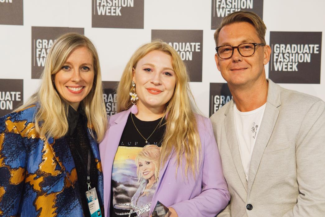 TOP DESIGNS: Jenni Healy, from Startforth, was presented with the Sainsbury’s Tu scholarship award at Graduate Fashion Week by designers Rob Jones and Catherine Teatum