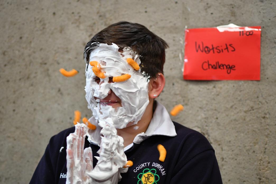 GAME FOR A LAUGH: Shay Place, from Bishop Auckland YFC, in the Wotsit challenge.